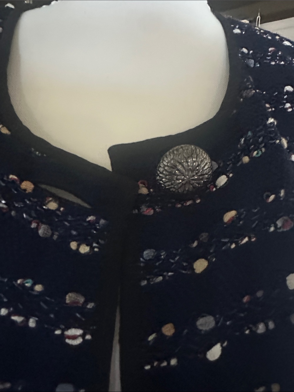St. John Collection Navy Textured Open-Front Jacket with Metallic Thread - Picture 3 of 4